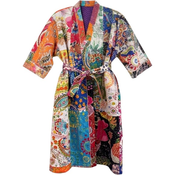 Handmade Other - Handmade Kantha Quilt Robe Women OS Multi Patchwork Cotton Kimono Jacket Boho